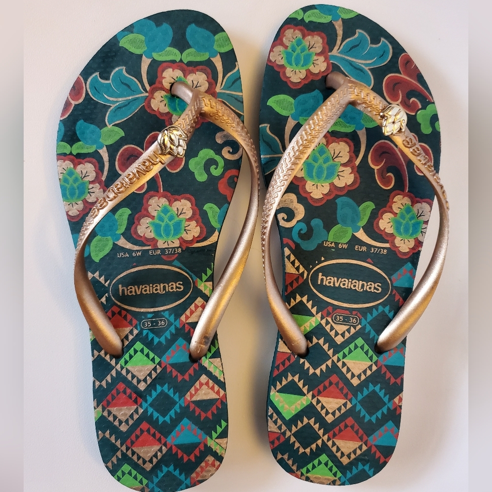 Havaianas Lotus Gold/Blue Sandal, 6 - Picture 3 of 4